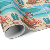 Flamingo loungen op een strandstoel cadeaupapier (Rol Hoek)