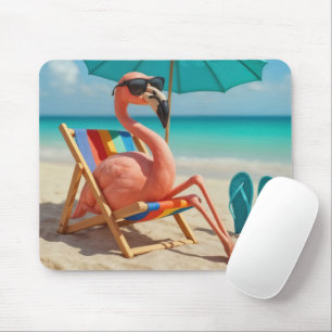 Flamingo loungen op een strandstoel muismat