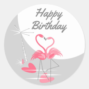 Flamingo Love Large Moon Happy Birthday round Ronde Sticker
