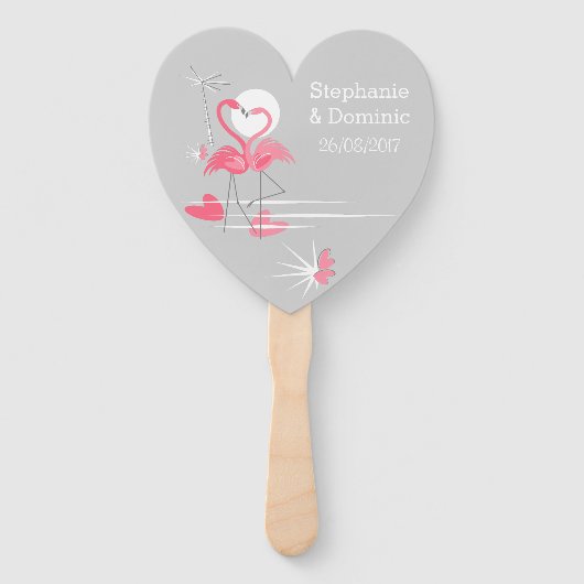 Flamingo Love Names Dates hand fan hart Handwaaier (Voorkant)