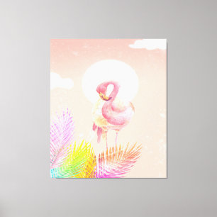 Flamingo Lovers Flamingo Bird met bladeren Canvas Afdruk