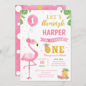 Flamingo Luau First 1st Birthday Party Invitations Kaart (Voorkant / Achterkant)