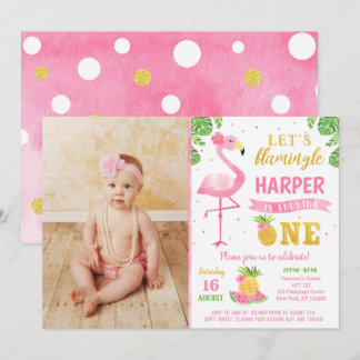 Flamingo Luau First 1st Birthday Party Invitations Kaart