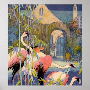 flamingo met bamboe poster