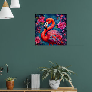 Flamingo met bloemen poster