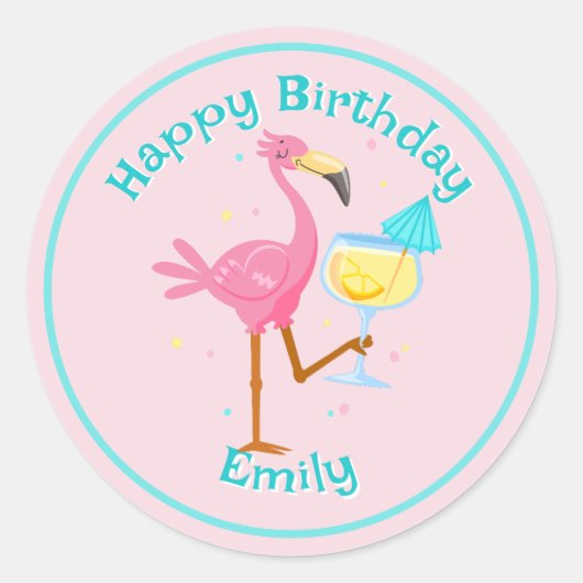 Flamingo met Cocktail Ronde Sticker (Voorkant)
