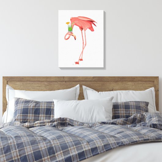 Flamingo met een cocktail canvas afdruk (Insitu (Slaapkamer))