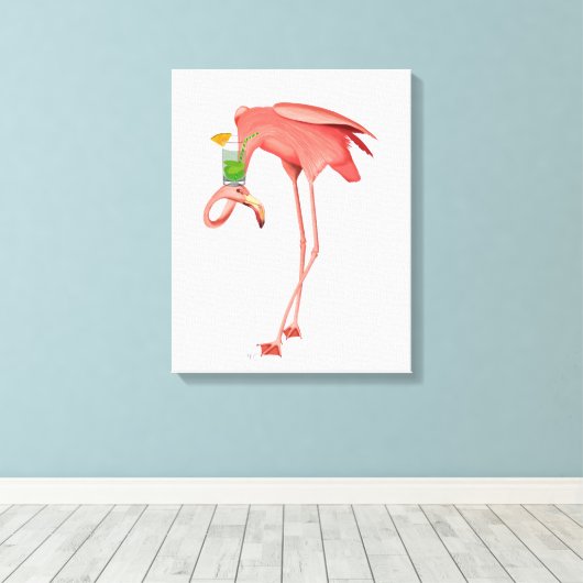 Flamingo met een cocktail canvas afdruk (Insitu (Houten vloer))
