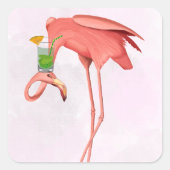 Flamingo met een cocktail vierkante sticker (Voorkant)