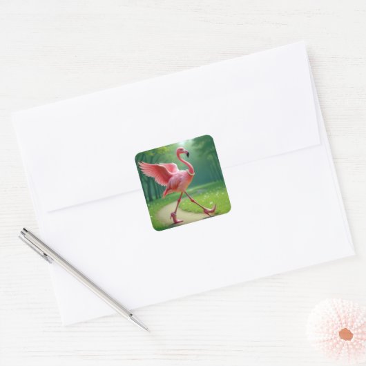 Flamingo met hoge hakken en parels vierkante sticker (Envelop)