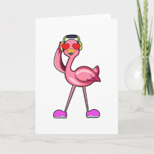 Flamingo met hoofdtelefoon en harten kaart