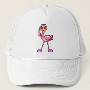 Flamingo met hoofdtelefoon en harten trucker pet