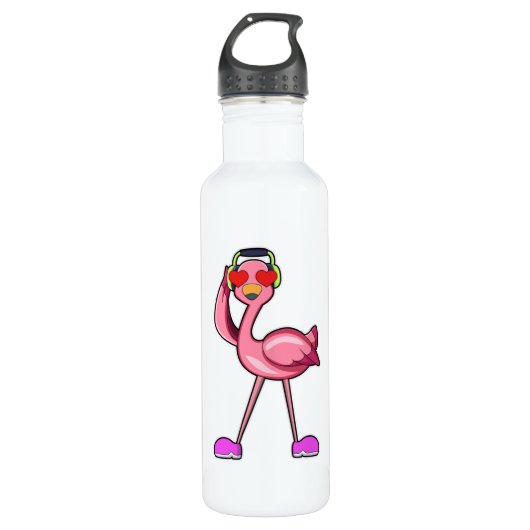 Flamingo met hoofdtelefoon en harten waterfles  (Voorkant)