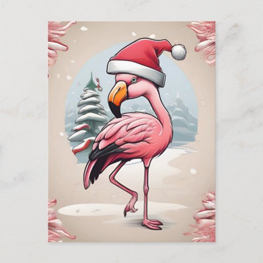 Flamingo met kerstmuts naast de kerstboom briefkaart (Voorkant)