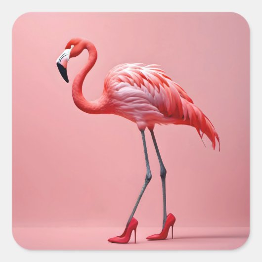 Flamingo met rode hoge hakken vierkante sticker (Voorkant)