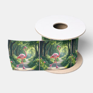 Flamingo met roze sneakers en hoofdtelefoon lint