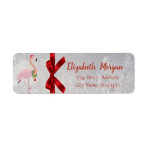 Flamingo met Santa Hat Silver, Red Bow, Holiday Etiket