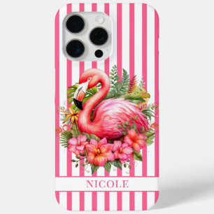 Flamingo met tropische bloemen op strepen iPhone 15 pro max hoesje