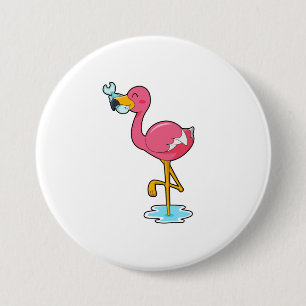 Flamingo met vis ronde button 7,6 cm