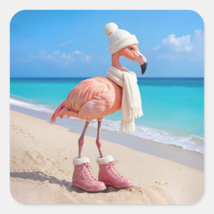 Flamingo met winter sjaal en hoed vierkante sticker
