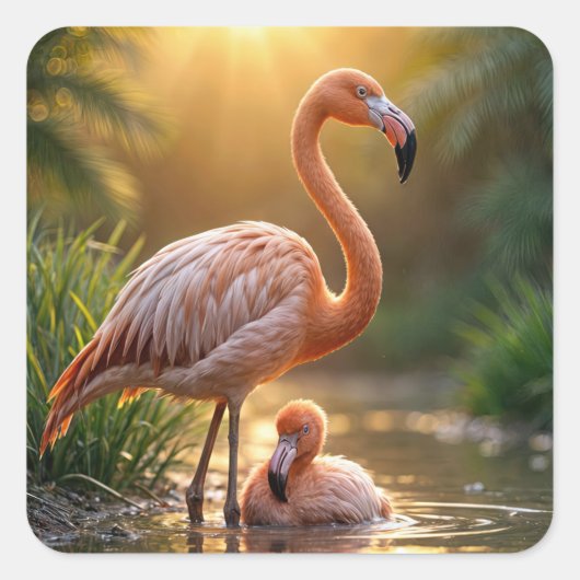 Flamingo moeder en kuiken vierkante sticker (Voorkant)