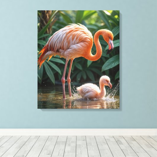 Flamingo moeder met kuiken canvas afdruk (Insitu (Houten vloer))