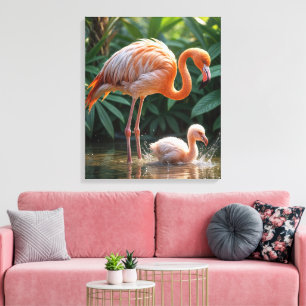 Flamingo moeder met kuiken canvas afdruk
