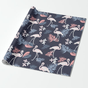 Flamingo, monstera Navy blush roze dusty blue Cadeaupapier