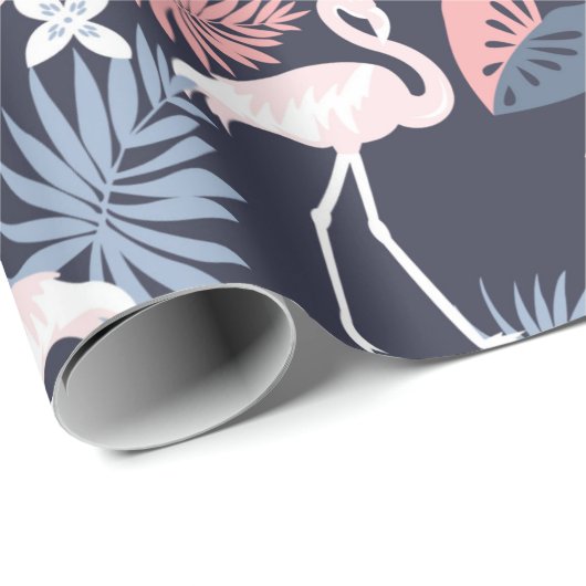 Flamingo, monstera Navy blush roze dusty blue Cadeaupapier (Rol Hoek)
