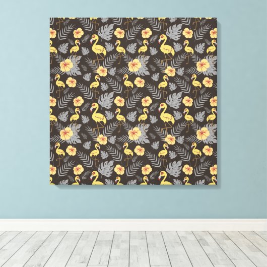 Flamingo naadloos met bloemen en bladeren canvas afdruk (Insitu (Houten vloer))