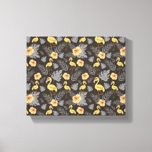 Flamingo naadloos met bloemen en bladeren canvas afdruk