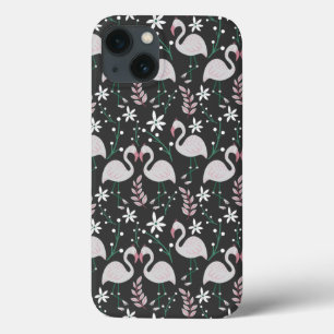 Flamingo naadloos patroonwit op donkere achtergron iPhone 13 hoesje