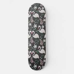 Flamingo naadloos patroonwit op donkere achtergron skateboard