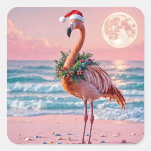 Flamingo op een roze strand vierkante sticker