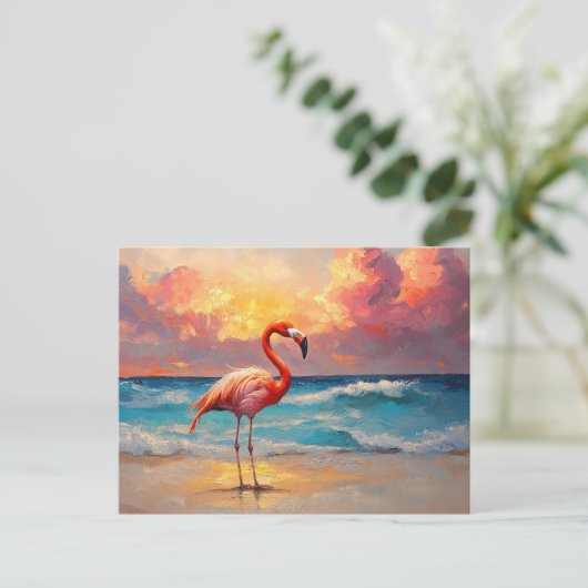 Flamingo op het strand briefkaart (Staand voorkant)