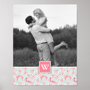 Flamingo op pokadots   Foto met monogram Poster