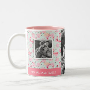 Flamingo op pokadots Foto's van de familie met t Tweekleurige Koffiemok