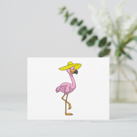 Flamingo op strand met hoed briefkaart (Staand voorkant)
