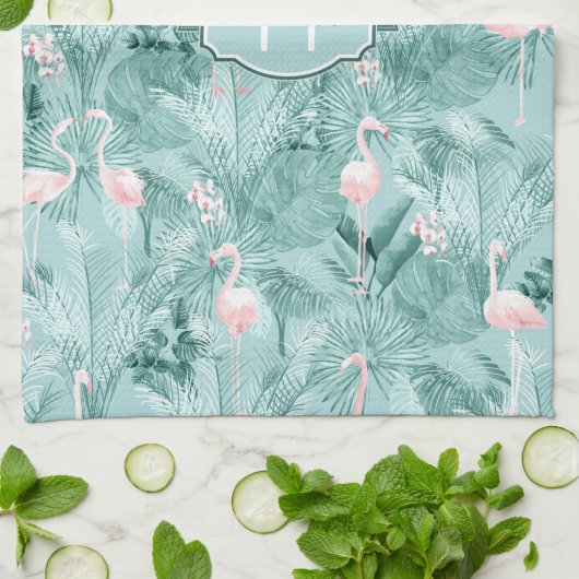 Flamingo Orchid Tropical Pattern Blauwgroen ID868 Theedoek (Gevouwen)