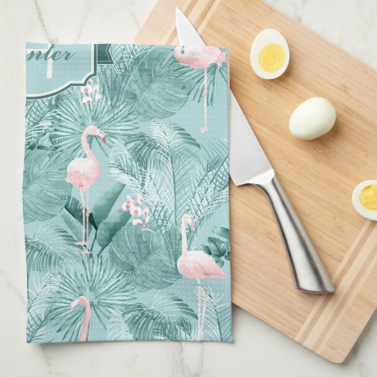 Flamingo Orchid Tropical Pattern Blauwgroen ID868 Theedoek (Quarter Fold)