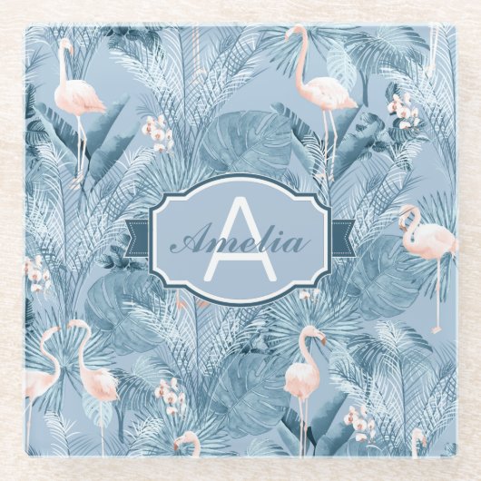 Flamingo Orchid Tropical Pattern Blue ID868 Glazen Onderzetter (Voorkant)