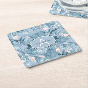 Flamingo Orchid Tropical Pattern Blue ID868 Vierkante Kartonnen Onderzetter