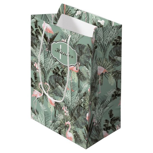 Flamingo Orchid Tropical Pattern Sage ID868 Medium Cadeauzakje (Voorkant Gekanteld)