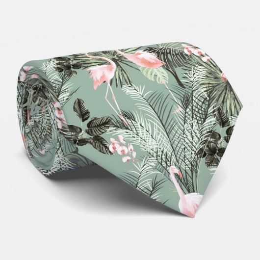 Flamingo Orchid Tropical Pattern Sage ID868 Stropdas (Opgerold)