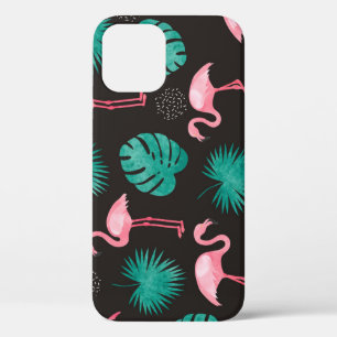 Flamingo, palm leaves: tropical watercolor. iPhone 12 hoesje