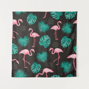 Flamingo, palm leaves: tropical watercolor. wandkleed