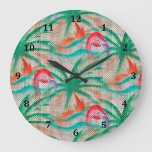 Flamingo Palm Tree Burlap Kijk Grote Klok