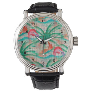 Flamingo Palm Tree Burlap Kijk uit Horloge