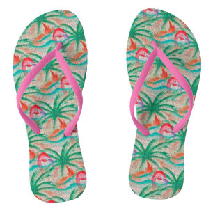 Flamingo Palm Tree Burlap Kijk uit Teenslippers