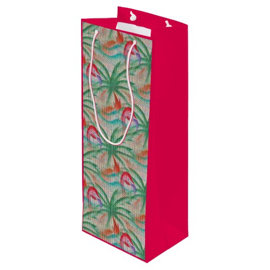Flamingo Palm Tree Burlap Kijk uit Wijn Cadeautas (Achterkant Gekanteld)